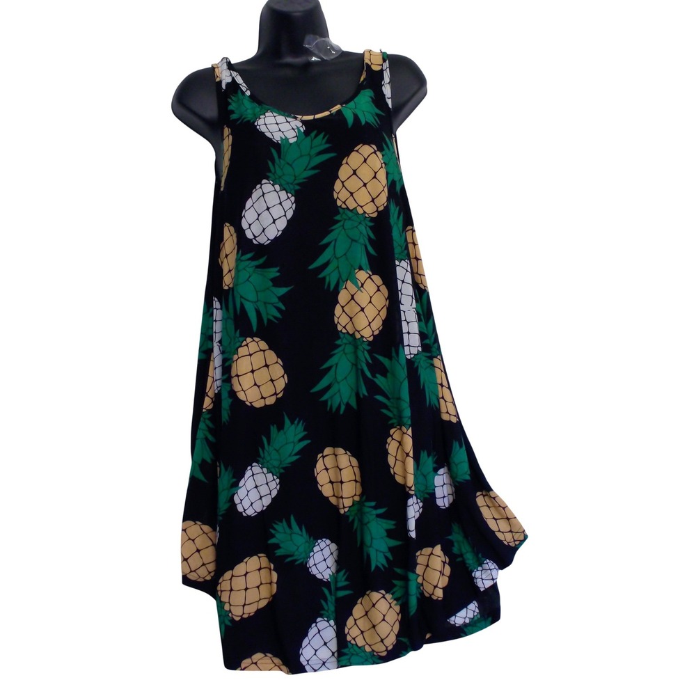 Isla Bonita‎ Pineapple Print Sleeveless Swing Dress Black Tropical One Size NEW
